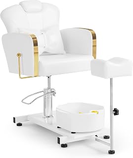 BarberPub Pedicure Chair with Tub and Stool, Adjustable Reclining Hairdressing Chair for Retro Manicure Salon F0371 (Gold-White)