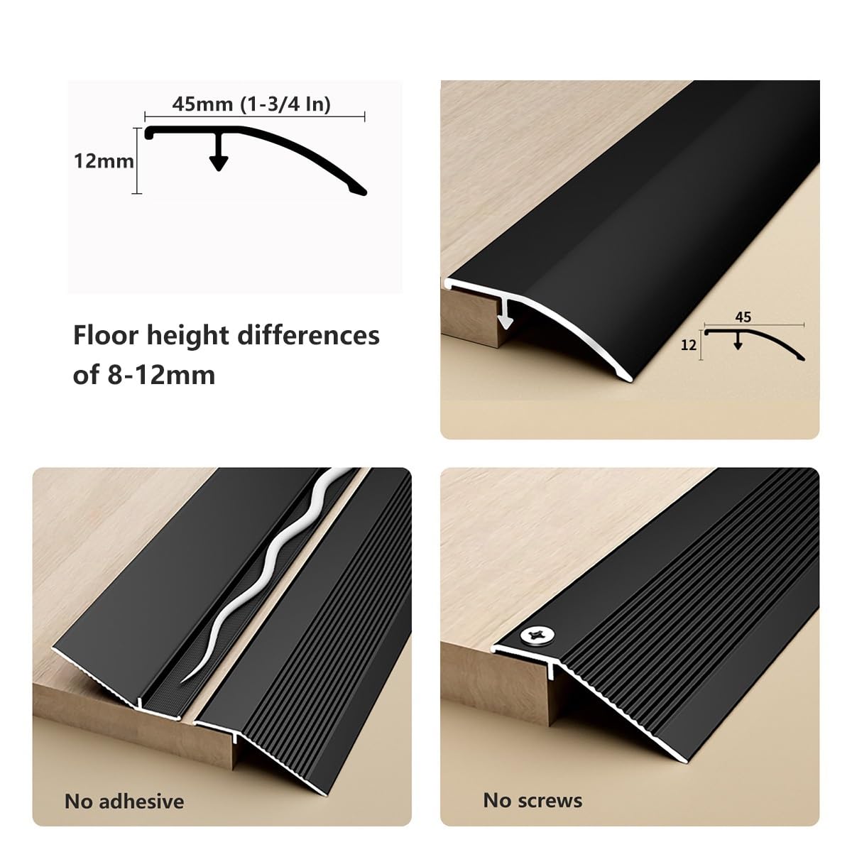 Türschwellenrampe aus Aluminium, 120 cm/150 cm lang, Übergangsprofile für Höhenunterschiede von 8–12 mm, Übergangsleiste für Laminat, Teppich und Fliesen(Silber,4.5x120cm)