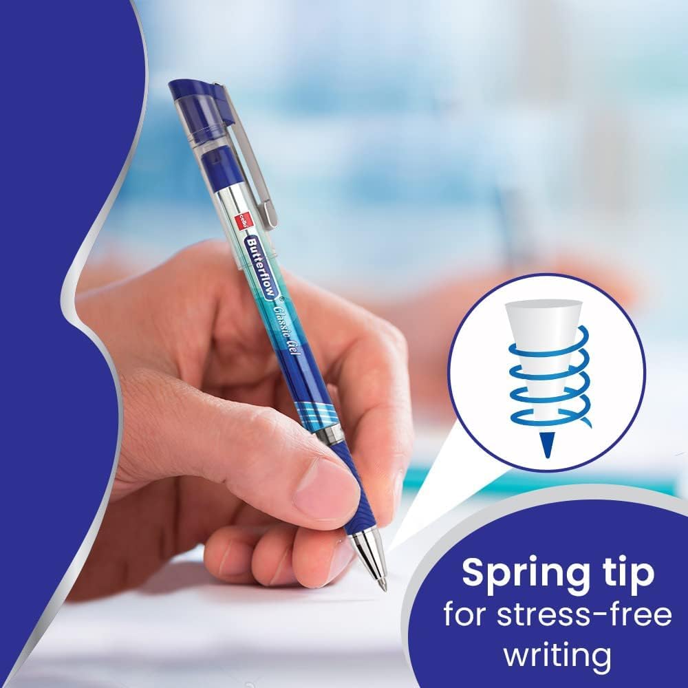 Cello Butterflow Classic Gel Pen Set | Pack of 25 Gel Pens | 25 Blue Ink Colour Pens | Spring Tip | Smooth Writing Experience | For School and Office Use | Best Pen for Exams