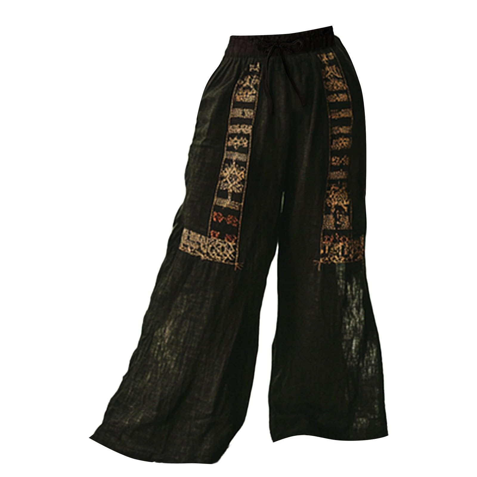 Pantalon Palazzo pour femme - Broderie - Pantalon de plage bohème - Pantalon large - Pantalon de loisirs - Cordon de serrage - Pantalon sarouel décontracté - Couleur unie - Plusieurs couleurs - Coupe