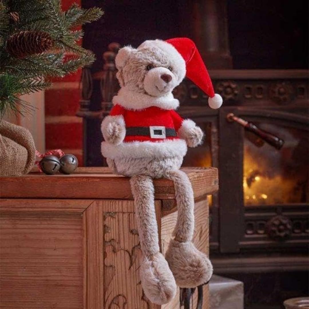 Marco Paul Santa Teddy Bear Christmas Ornament – 40cm Freestanding Plush Teddy Bear Shelf Ornament – Red And White Christmas Decorations For Xmas Home Decoration, Centrepiece & Shelf Decoration