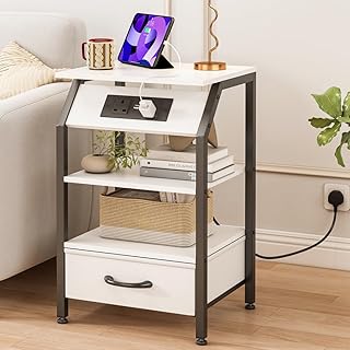 طاولة جانبية عصرية مع منفذ شحن مع ادراج قماشية، طاولة بجانب السرير لغرفة النوم/غرفة المعيشة، لون ابيض، مقاس 38 × 28 × 63 سم