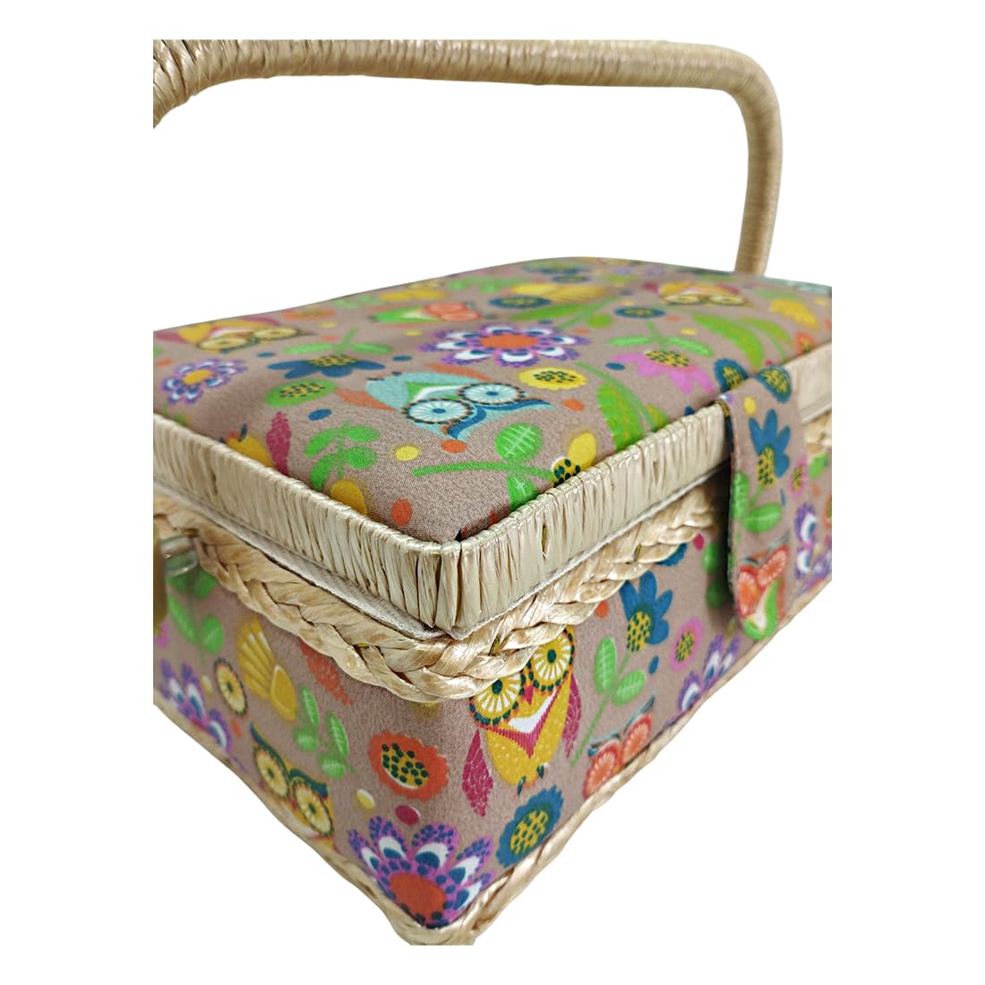 Costurero de Madera, Caja de Costura Forrada en Tela con 8 Compartimentos, Organizador con Alfiletero, Caja de Almacenamiento con Asa y Bandeja, (Buhos, Mediana)