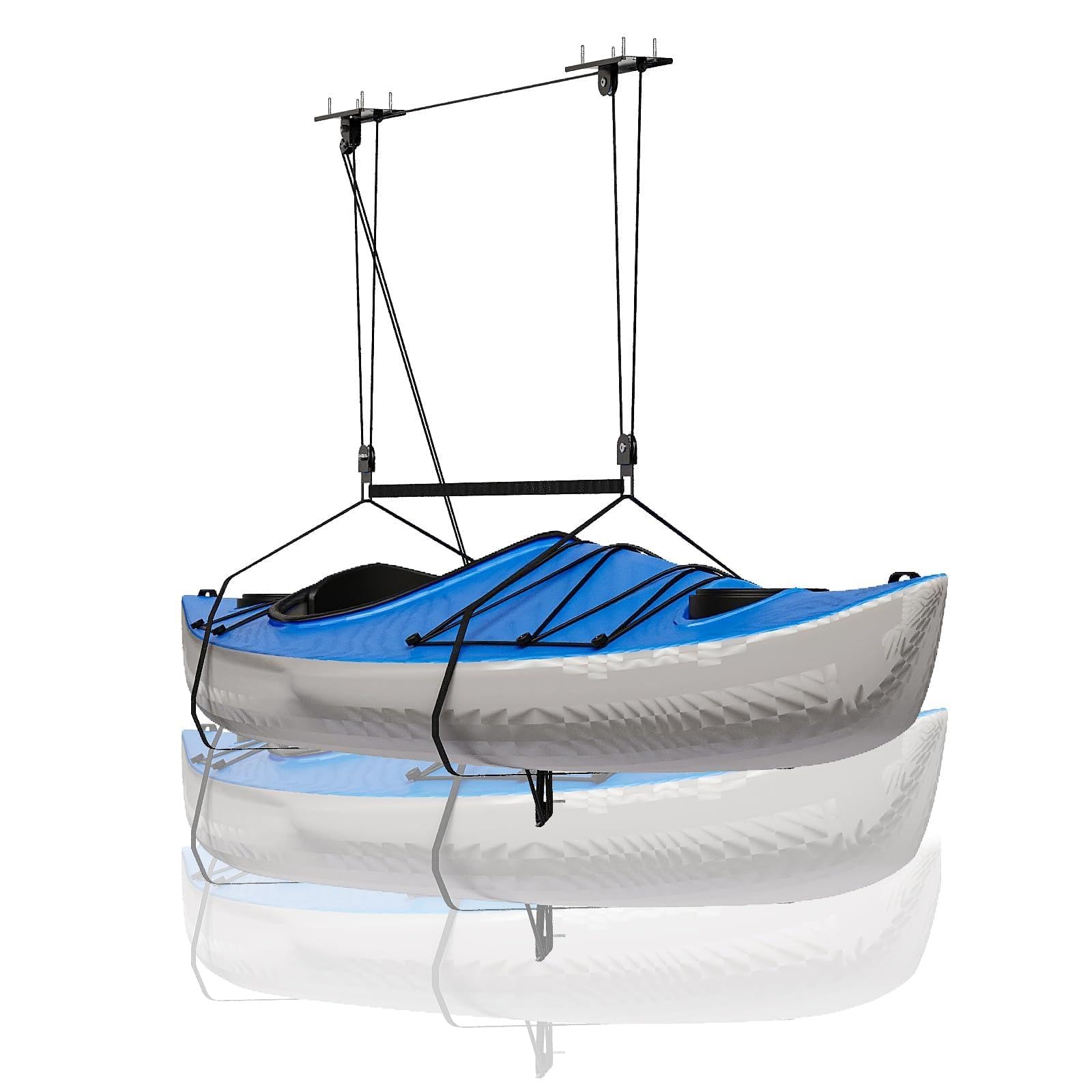 Kayak Storage Hoist Cargo Box Garage Pulley System, Heavy Duty Ceiling Hoist for Roof Box Storage, Holds Up to 150 Lbs / 68 kg, Adjustable Straps, Dual Fixing Design, Overhead Garage Organiser