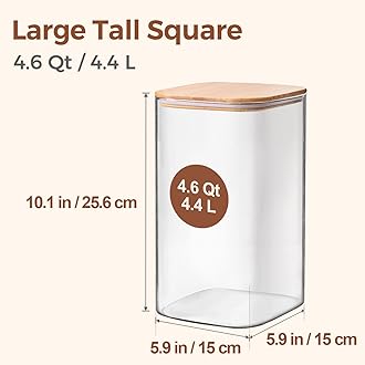 ComSaf 4600 ml Storage Jars with Lid, Set of 1, Diameter 15 cm, Biscuit Jars, Square Storage Jars with Lid, Airtight Wood, Storage Jars for Kitchen, Storage Jar for Pasta, Oats, Cereals, Biscuits
