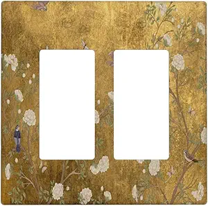 Decorative Outlet Covers Vintage White Flowers Birds on Golden Background 2 Gang Light Switch Cover Plate Double Rocker Wall Plate Switch Plate Covers Faceplate for Home Decor