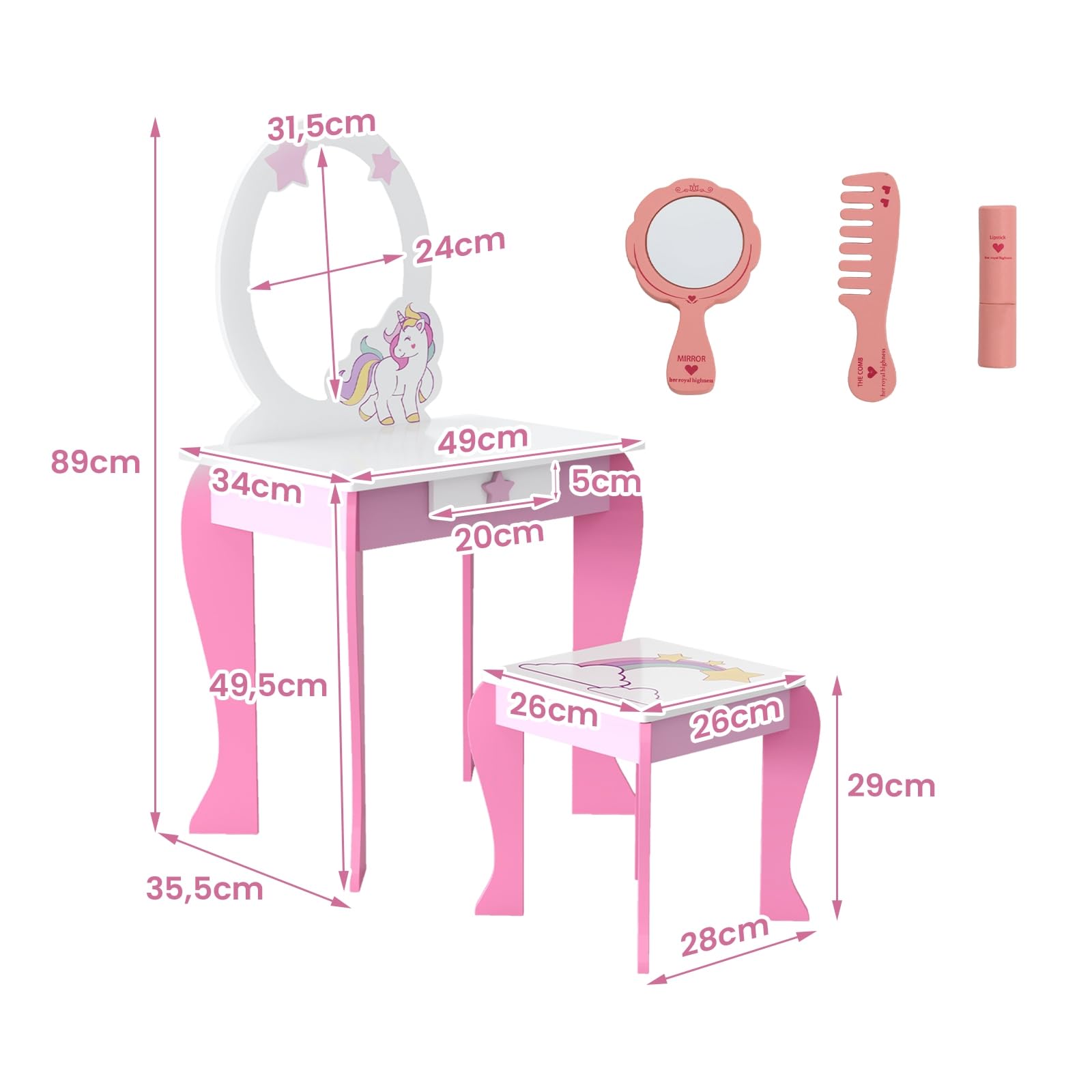 LIFEZEAL Coiffeuse avec Miroir et Tabouret Enfant, Coiffeuse Enfant Licorne Fille 3-7 Ans, Table de Maquillage Bois avec Tiroir pour Petite Princesse (Rose)
