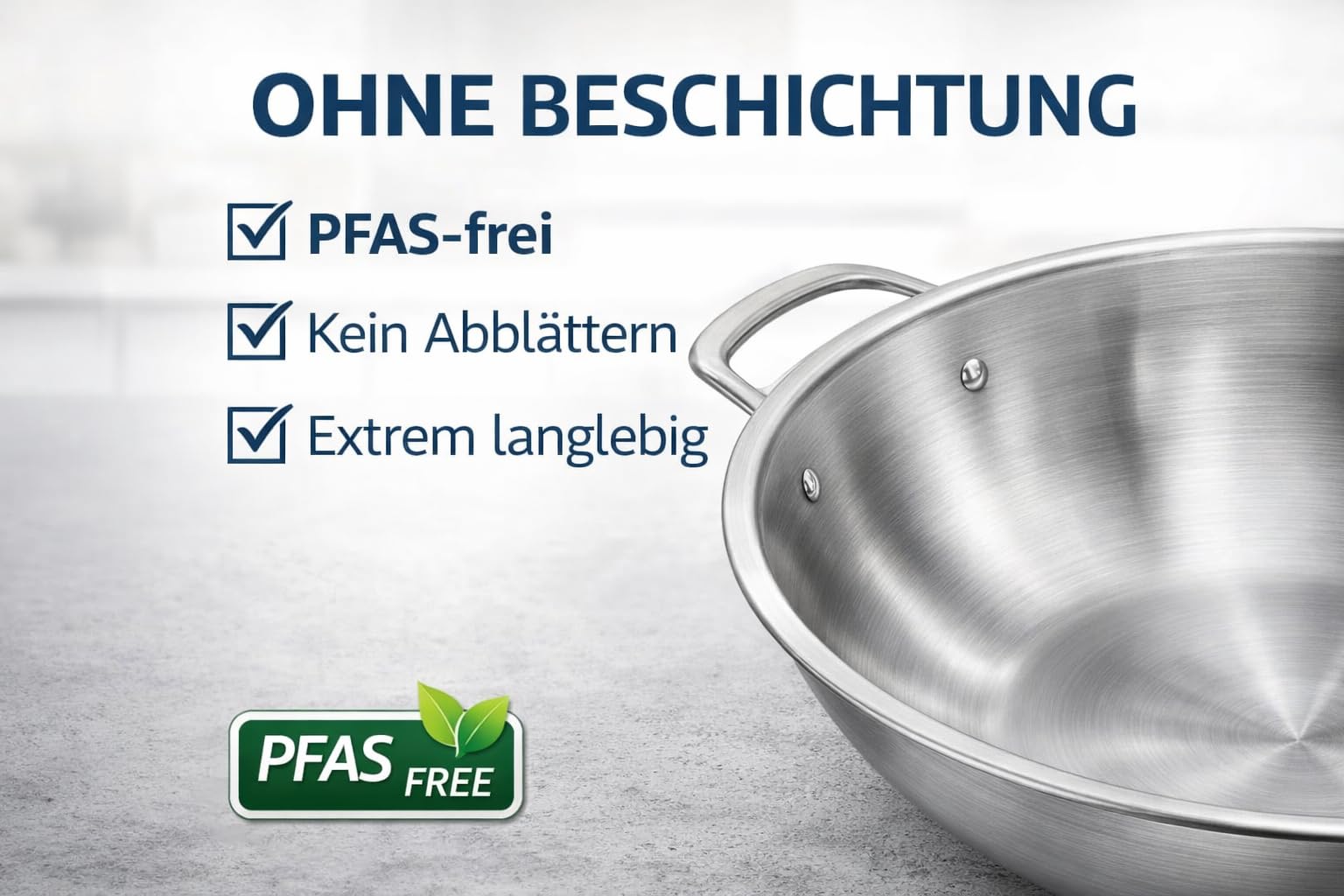 Edelstahl Wokpfanne 32 cm mit Glasdeckel – Ohne Beschichtung – für Induktion & Gas – für alle Herdarten – Wok Pfanne Groß