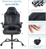 Vista 12 de Silla de oficina de piel sintética, silla de juegos de escritorio, respaldo alto, altura ajustable, silla de computadora con soporte lumbar trasero