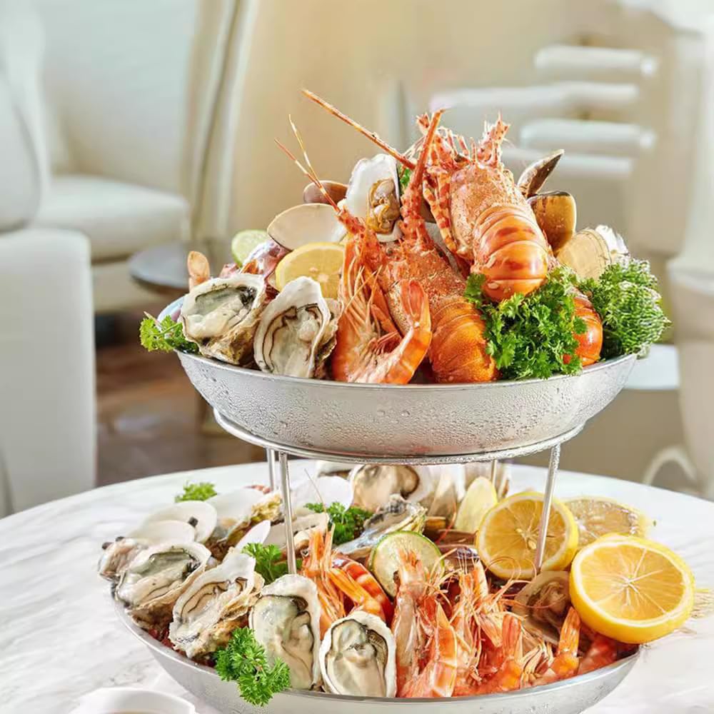 Torre de mariscos plateada de 2 niveles, acero inoxidable, doble capa, bandeja redonda para servir para fiestas, aperitivos, postres y entretenimiento