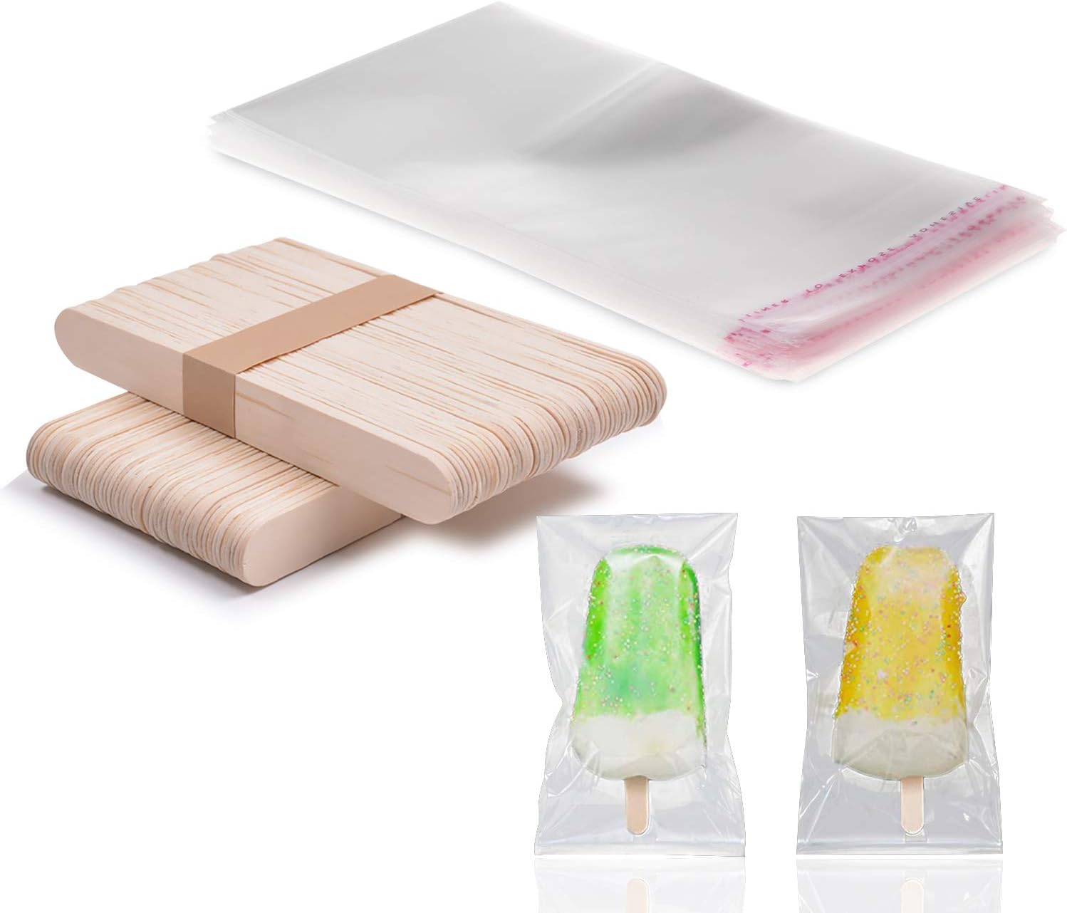 400 Pcs Popsicle Sticks and Bags Set, Includes 200 Pcs Popsicle Bags Disposable Popsicle Molds Bags Ice Pop Bags Ice Cream Freeze Pops Plastic Bags 200 Pcs Popsicle Sticks for DIY Ice Pops Making