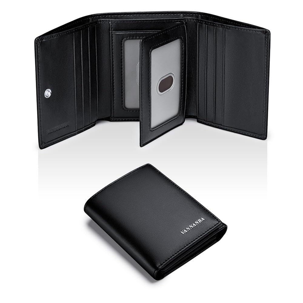 VANNANBAMen's Leather Trifold Wallet with Folded ID Windows,12 Card Slots & 2 Note pockets(Plain black)