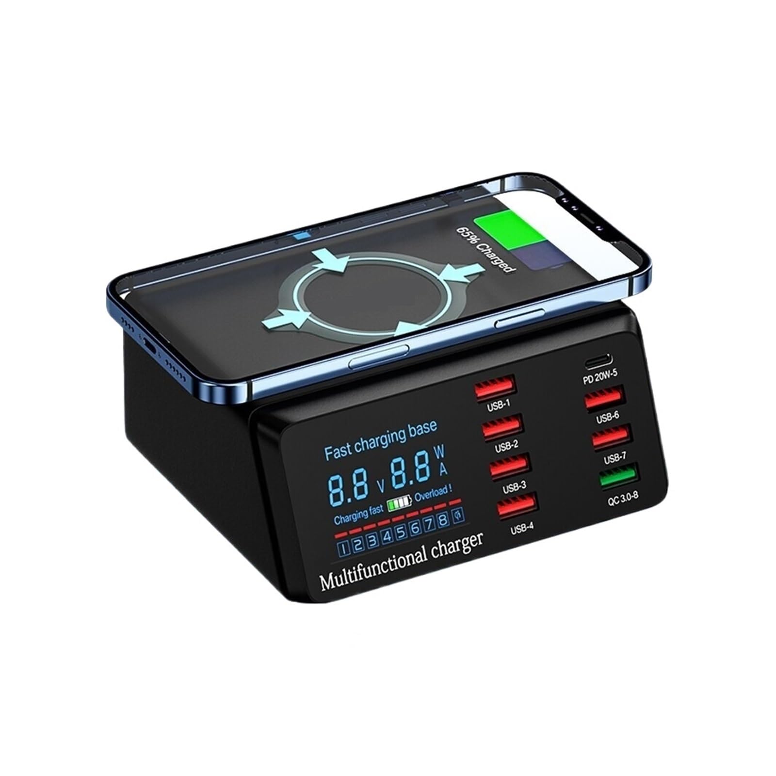 EDEDE Chargeur USB Multiple, Station de Chargeur USB 100W à 8 Ports, avec Charge sans Fil, écran d'affichage numérique, QC3.0 PD3.0, Charge Rapide pour Smartphone