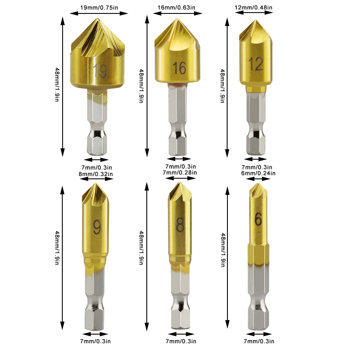 Kegelsenker-Bohrer-Set 6-teilig – 5 Rillen, HSS, 1/4" Sechskantschaft, 6-19 Mm