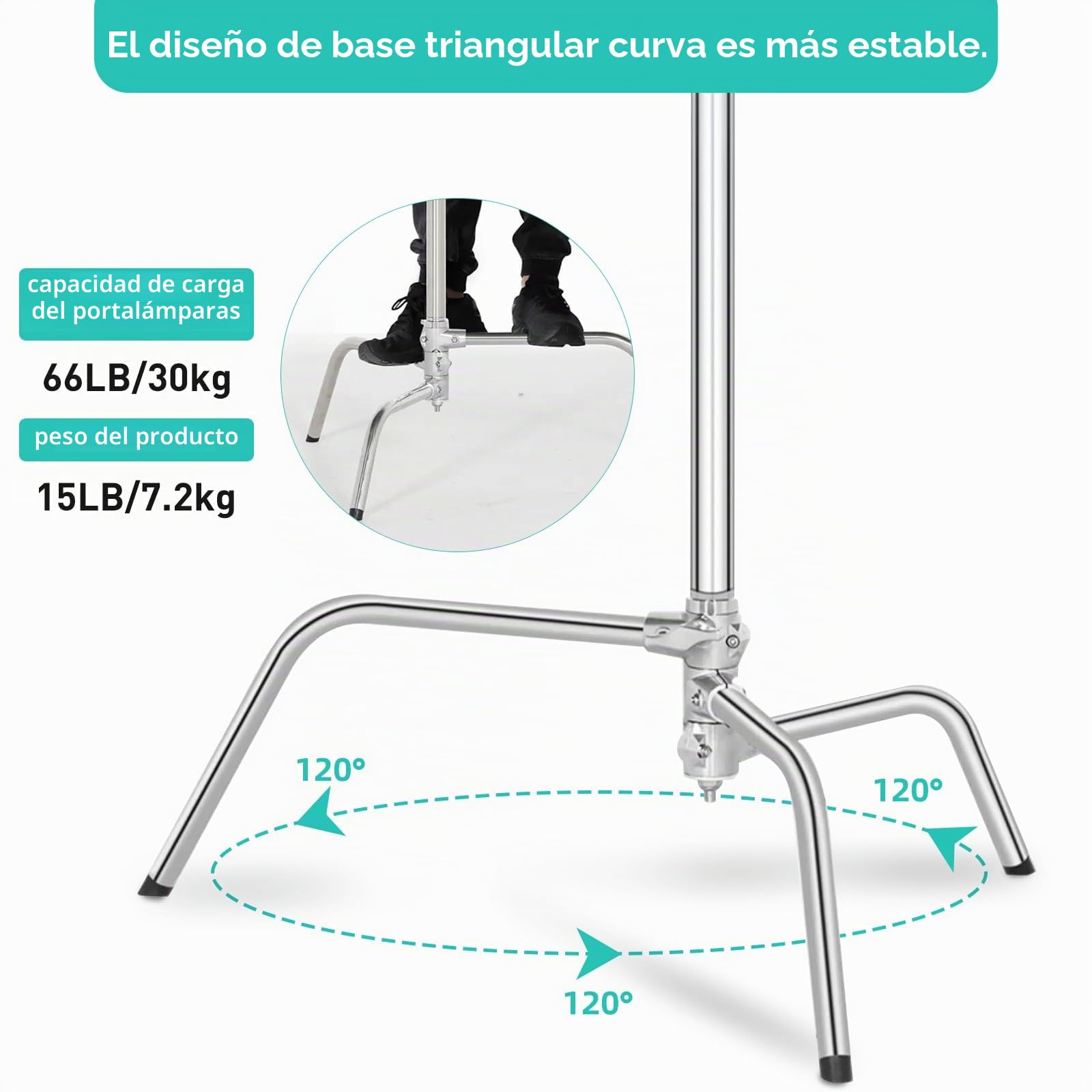 C Stand 100% Acero Inoxidable Resistente con Brazo Articulado,Altura Máxima 330cm,Soporte C Ajustable para Lámpara con Brazo de Sujeción de 127cm,2 Cabezales de Mango para Monoluz de Estudio