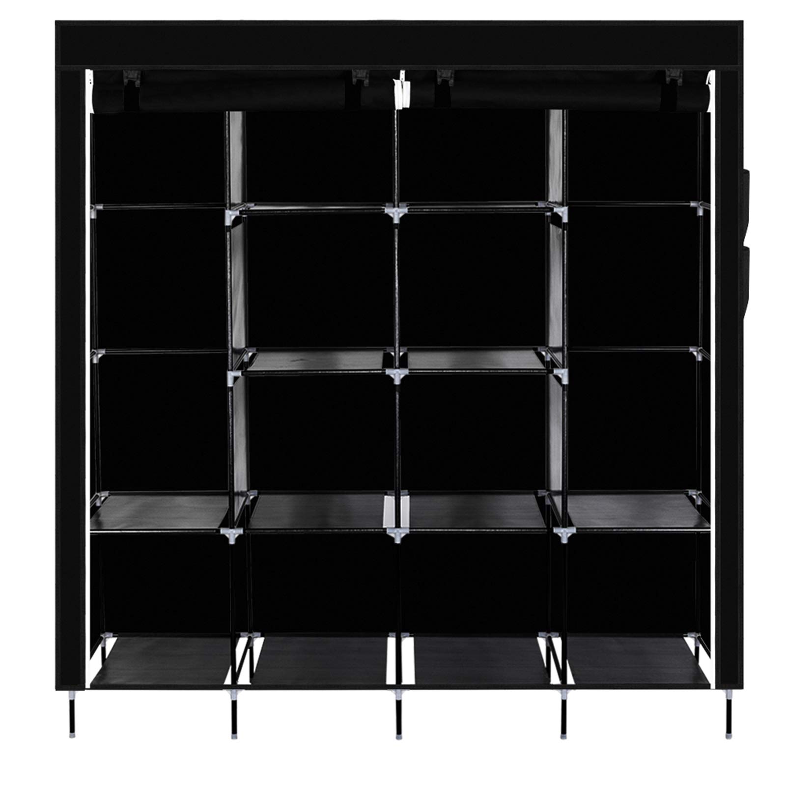 EEBUIHUI Portable Closet Wardrobe, Closet Storage Organizer with Shelves and Cover for Hanging Clothes, Non-Woven Fabric, Easy Assembly (Black-4)