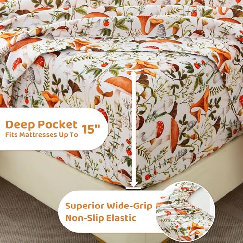 Image of Mooreeke Cozy Vintage Microfiber Printed Full Sheet Set - Soft & Breathable Percale Mushroom Forest Bed Sheets with Extra Deep Pocket - Non-Slip Fitted Design - Jungle Mushroom Leaves Pattern - Full