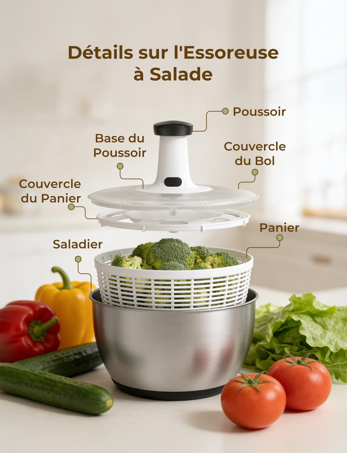 Essoreuse à Salade Acier Inoxydable, 6L Grande Capacité Essoreuse Salade avec Saladier et Base Antidérapante, sans BPA, Lave et sèche Rapidement Les légumes et Les Fruits