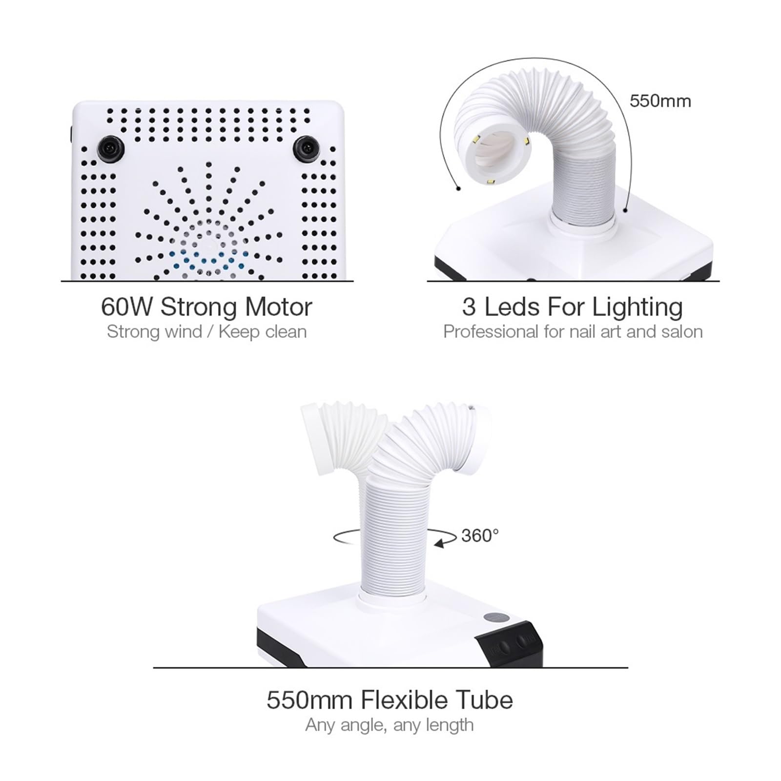Colector de polvo de uñas, ventilación al vacío, interruptor táctil de 60 W, colector de uñas portátil para uso en salón, 19,5 x 21 x 6 cm