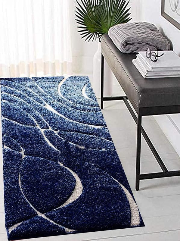 Image of A R Creations Rectangular Cotton Rug 1.5 Inch High Pile Soft Floor Mat Modern Handwoven Carpet for Living Room Bedroom & Home Decoration Size 2X5 Feet Blue Zero Cut