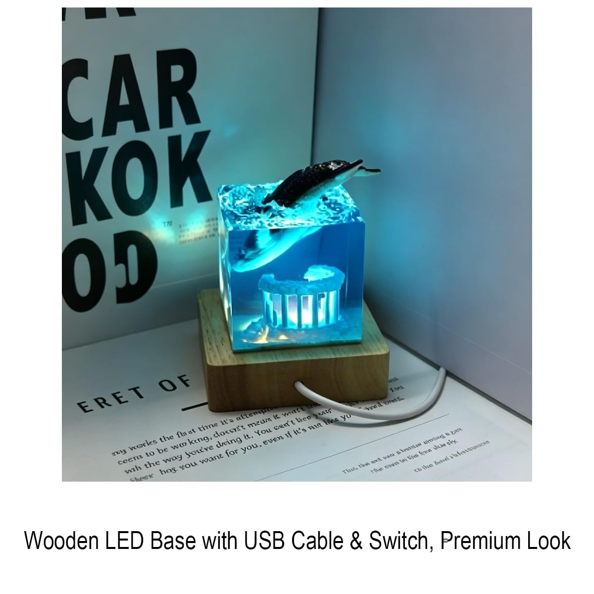 Lampada resina artigianale 3D squalo balena, luce notturna USB base legno, decorazione casa e regalo elegante