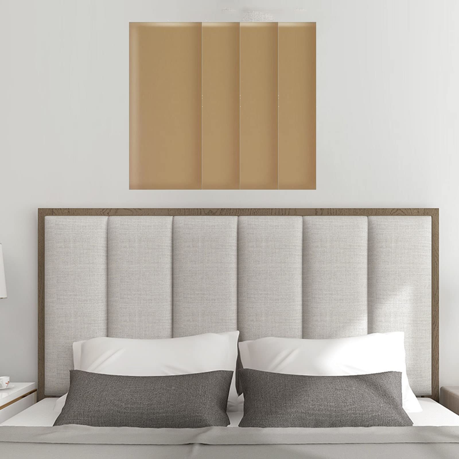 King Size Leather Bed Headboard for Bedroom Hotel Office Wall Mount Reading Cushion Back Cushion Khaki 49.8 x 19.8 cm, 4 Panels