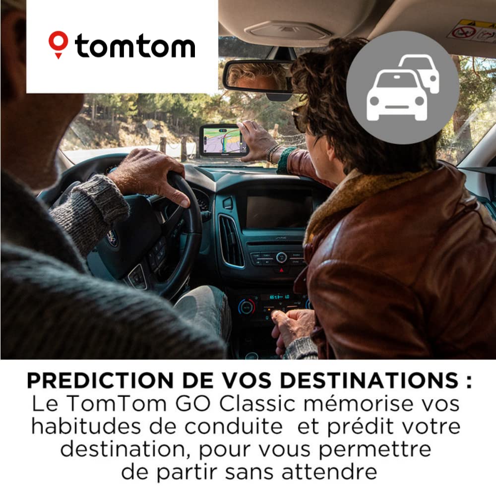 TomTom GPS Voiture GO Classic, 5 Pouces, Info Trafic, Essai des Alertes de Zones de Danger, Cartes EU, Mise à Jour Via WiFi, Fixation Reversible Intégrée Noir
