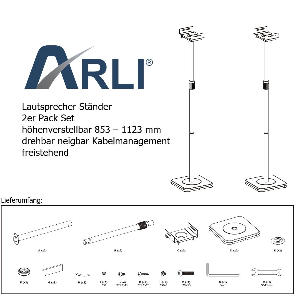 ARLI Lautsprecherständer 2er Set höhenverstellbar Boxenständer 85-112 cm drehbar neigbar schwenkbar Kabelmanagement Lautsprecher Ständer für Regallautsprecher Heimkino bis 5 kg Schwarz Paar