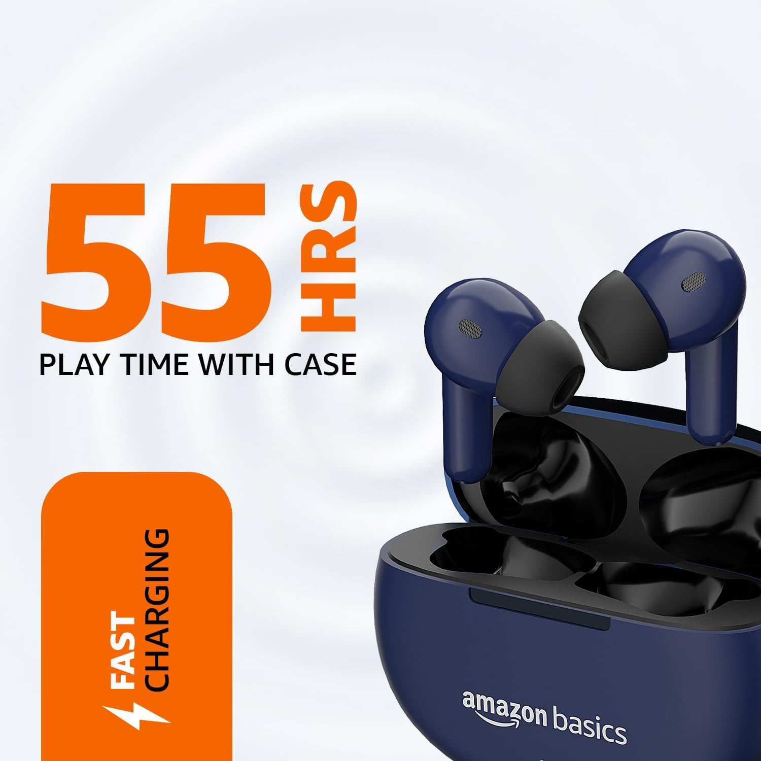 Earbuds in charging case with 55 hours playtime and fast charging indicators
