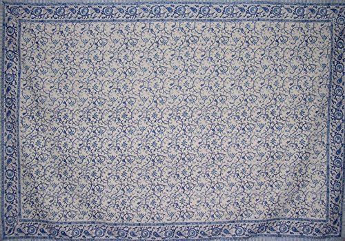 Homestead Block Print Rajasthan Vine Cotton Tablecloth 90" X 60" Blue #TOP1