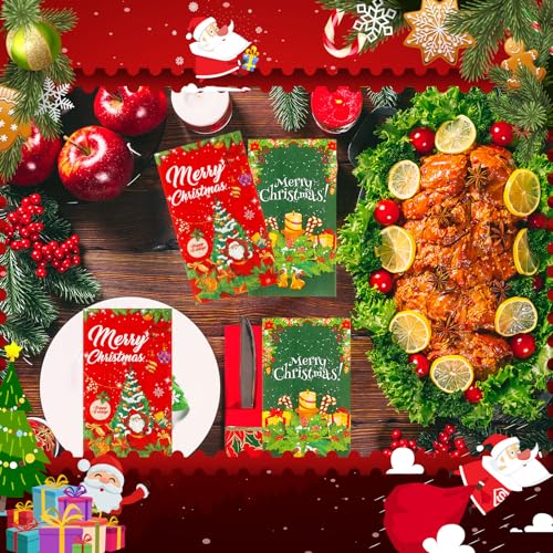 Cholemy 100 Pcs Christmas Napkins Paper 3 Ply Red Green Disposable Paper Hand Towel Christmas Guest Towels Hand Napkins Towels for Xmas Bathroom Kitchen Room Party Supplies 3.9 x 7.9 Inch – Image 4