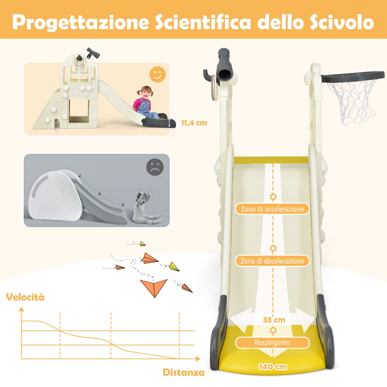 COSTWAY Scivolo per Bambini 6 in 1, Set da Gioco per Bambini con Canestro, Palla, Lancio dell'Anello e Cannocchiale, Ideale per Interni ed Esterni per Ragazzi e Ragazze, 189,5 x 83 x 98 cm (Giallo)