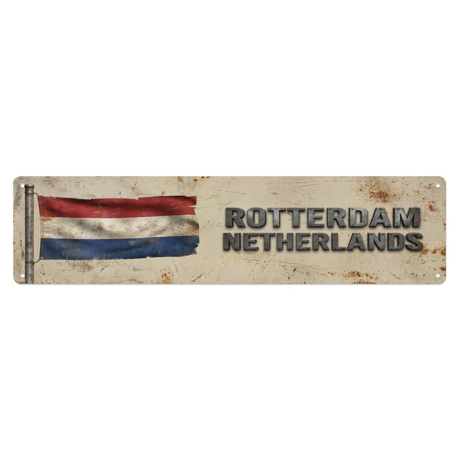 Okahys 4X16inch(10X40cm) Vintage Rotterdam Netherlands Flag Decor Rustic Travel Metal Tin Sign