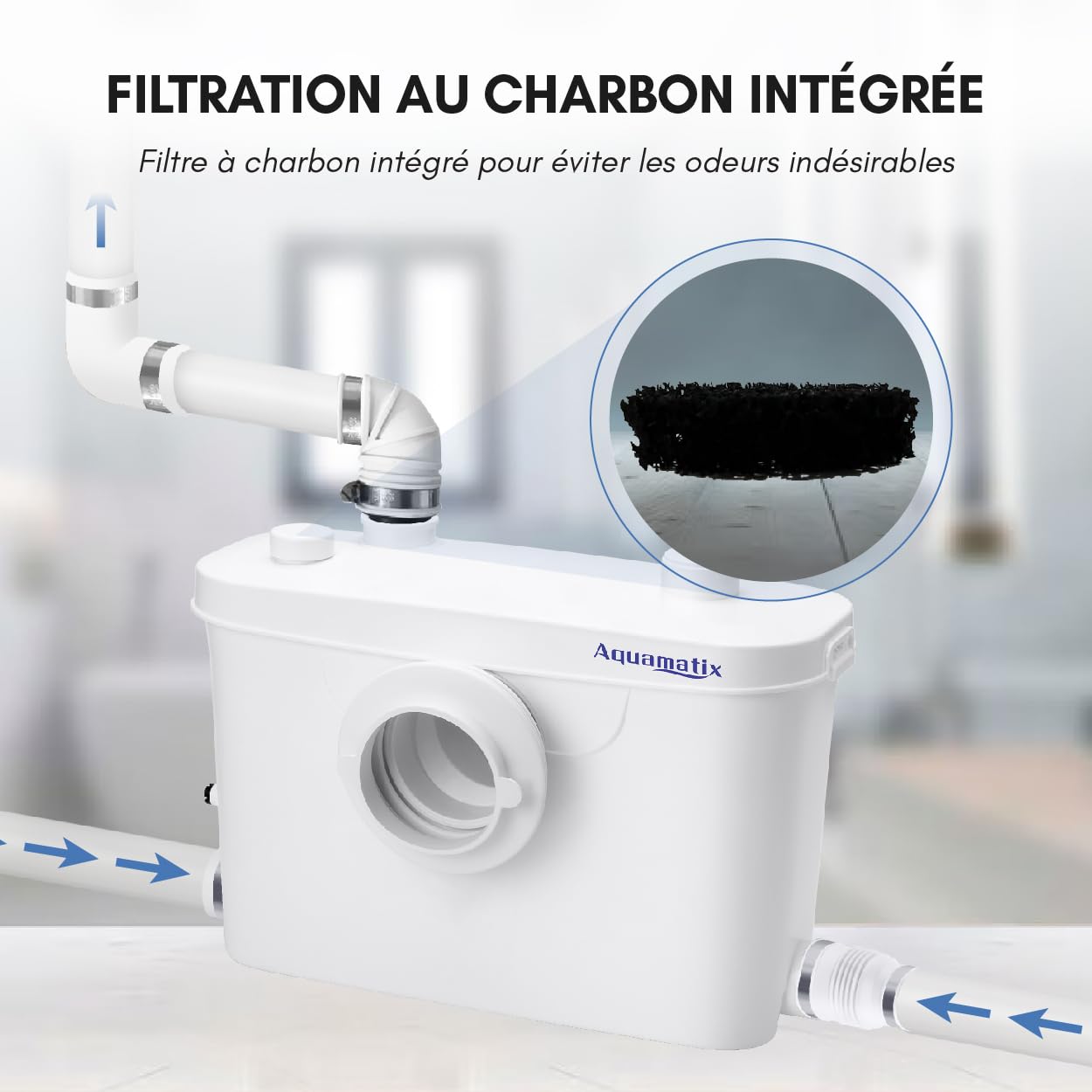 Aquamatix Sanitarna pompa podnosząca, 400 W, pompa Macerator, 100 l/min, 8 m podnośnik, 3-wlot do wanny toaletowej, filtr węglowy