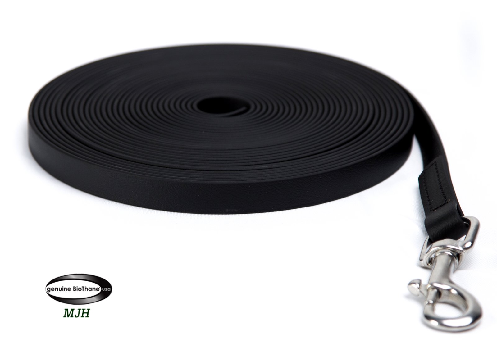 MJH Longe 8m lang u. 16mm breit mit Handschlaufe, Edelstahlkarabiner & vernäht in schwarz