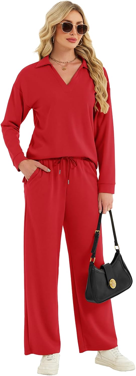 YOKGO Two Piece Sets for Women Casual Fall Lounge Sets Long Sleeve V-Neck Tops Wide Leg Pants Vacation Travel Outfits - Image 3