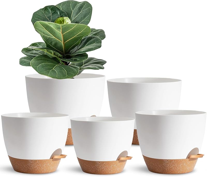 Macetas de interior para personas perezosas, paquete de 5 macetas de plástico blanco con riego automático para plantas de interior, suculentas, violetas africanas, plantas de serpiente, flores y cactus (7/6.5/6/5.5/5 pulgadas)