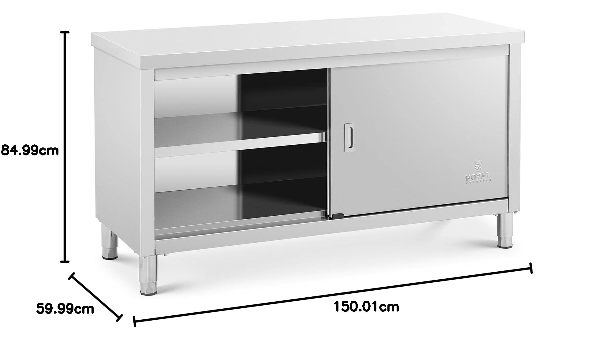 Royal Catering Tavolo Armadiato Acciaio Inox Banco Da Cucina Porte Scorrevoli RCSSCB-150x60-E (150 x 60 x 85 cm, 600 kg)