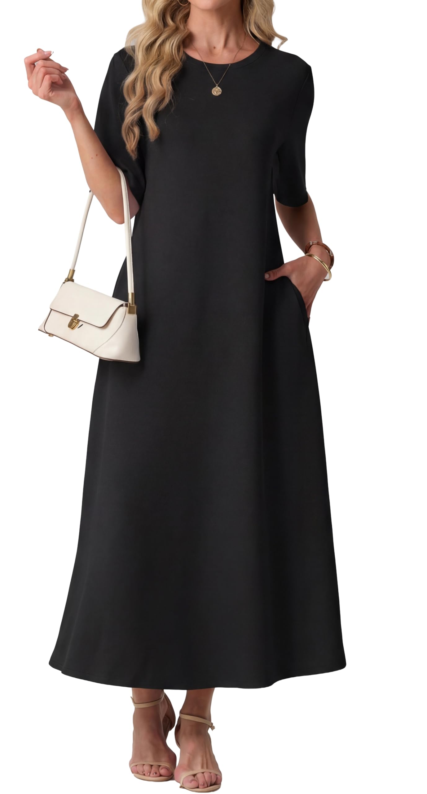 GRECERELLE Damskie letnie sukienki UK sukienka maxi z krótkim rękawem z kieszeniami damskie eleganckie sukienki świąteczne na co dzień dla kobiet oddychająca sukienka przeciwsłoneczna