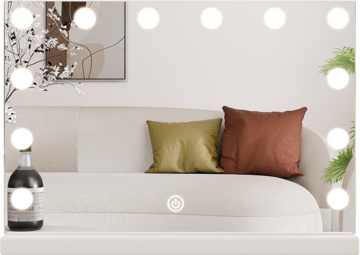 SensaHome Specchio da Trucco Pro - Specchio da Trucco Hollywood con 12 Lampade LED Dimmerabili, 3 Livelli di Luce, 46x58 cm - Bianco