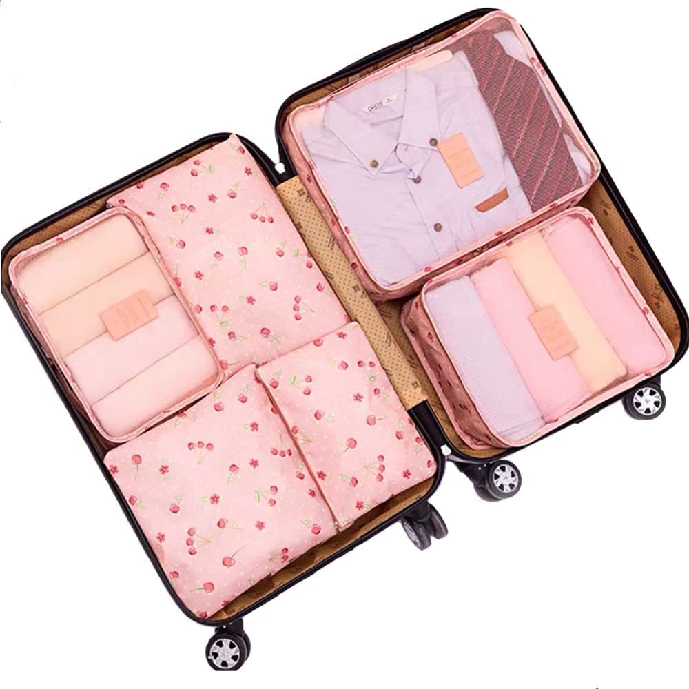 Laundry Packing Cubes for Suitcases Organiser Bags Luggage Organiser Set Travel Cubes Laundry Bags for Backpack Clothes Shoes, Pack of 6 (Light Orange Cherry), Nylon-image-11