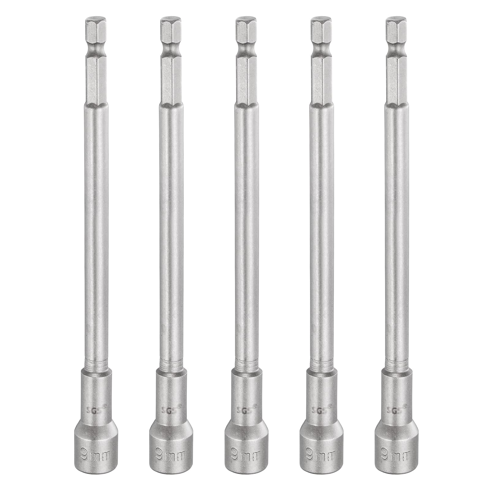 sourcing map 5pcs Nut Driver Drill Bit 9mm Metric Socket 1/4" Hex Shank 5.91" (150mm) Long Magnetic 6-Point Sockets Quick Change CR-V Steel Bolt Setters for Power Drill Drivers