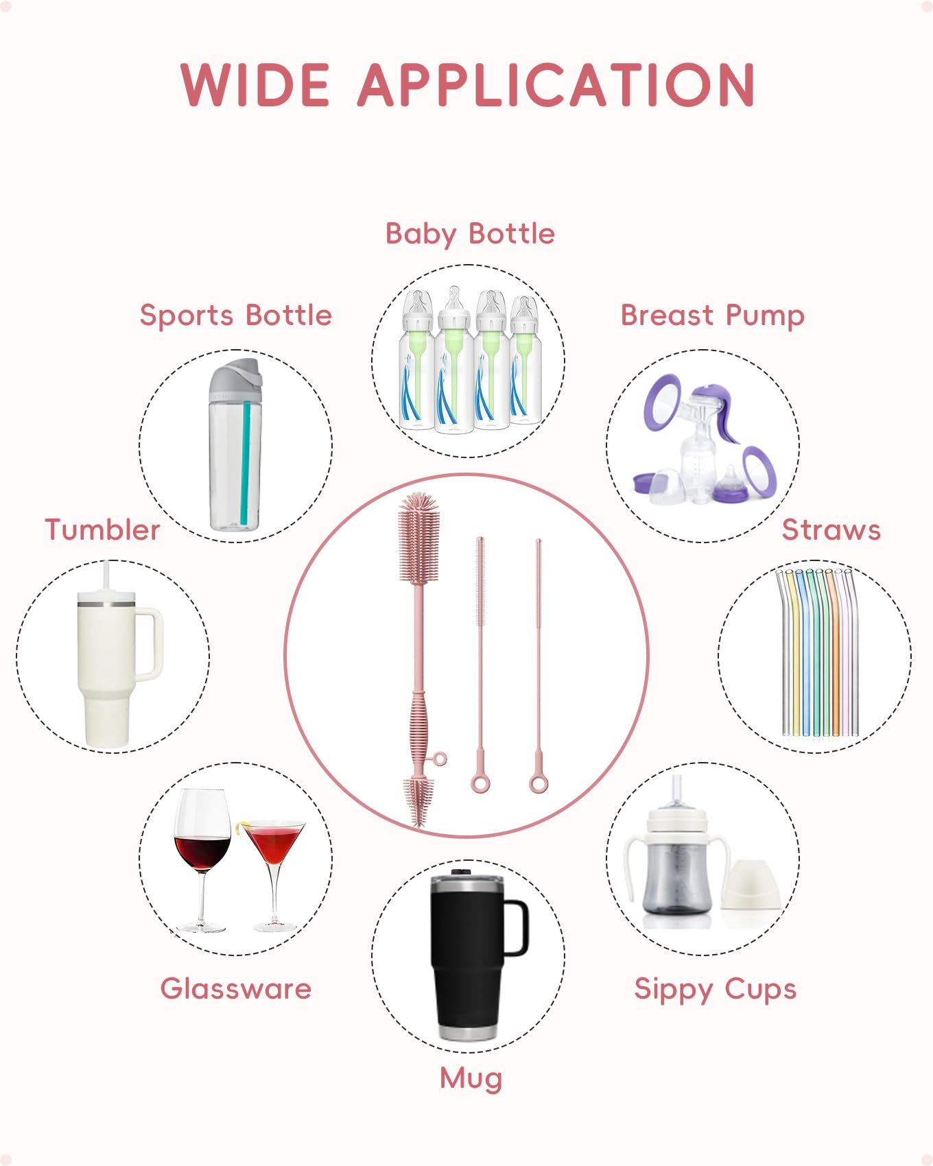 Flaschenbürste und Strohhalm-Reiniger-Bürsten-Set, extra langer doppelseitiger weicher Silikonbürstenreiniger für Babyflaschen, Wasserflaschen, Tassen, Milchpumpen, abnehmbar & zum Aufhängen