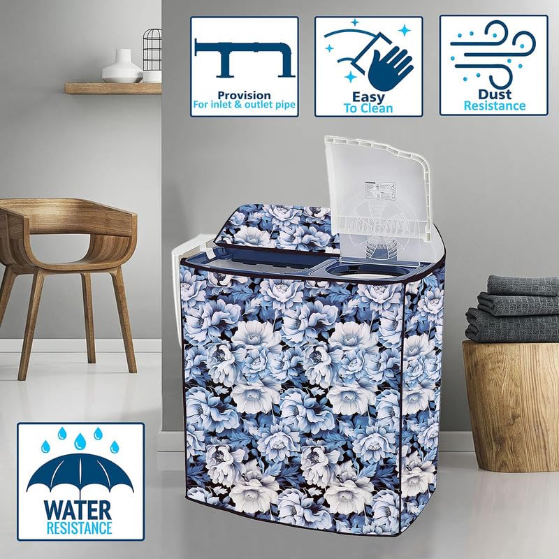 Image of PVC Printed Semi Automatic Washing Machine Cover Compatible For Samsung, Lg, Whirlpool 6Kg, 6.2Kg, 6.5Kg, 7Kg, 7.2Kg, 7.5Kg, 8kg, 8.5kg | Waterproof & Dustproof Cover, Blue Flower.