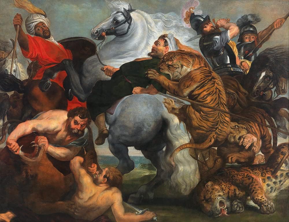 ArtDirect Workshop of Peter Paul Rubens 18x15 Gold Ornate Frame and Double Matted Museum Art Print Titled - The Tiger, Lion and Leopard Hunt