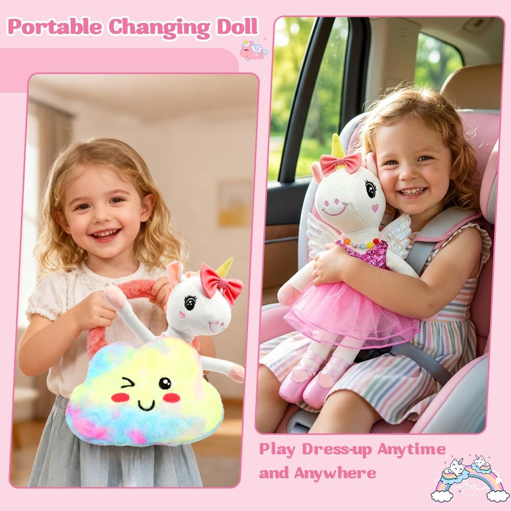 BOLZRA Ballerina Unicorn Toys for Girls Age 4-6, Unicorn Stuffed Animal Dolls Playset, 3 Set Ballet Princess Dress Up Doll with Rainbow Plush Bag, Unicorns Gifts for Birthday Easter Basket Stuffers