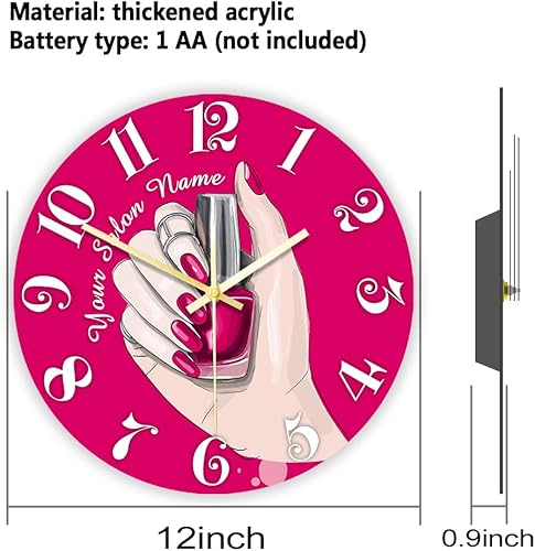 Miniatura 2 de Reloj de pared de salón de uñas de 12 pulgadas, nombre personalizado, regalo de técnico de uñas, reloj de pared silencioso sin tictac, funciona con