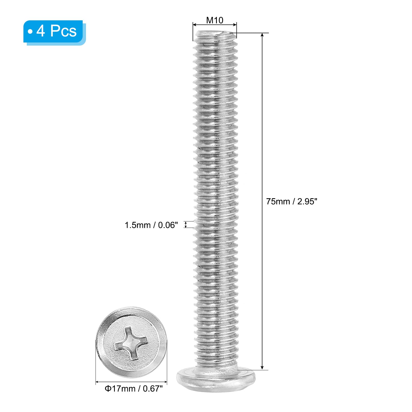 PATIKIL Flat Round Head Phillips Screws, 4 Pack M10-1.5 x 75mm Binding Screws 304 Stainless Steel 18-8 Full Thread - Image 2
