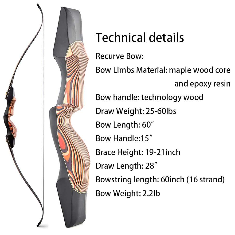 AMEYXGS Tiro con l'arco Archi ricurvi 60" Takedown Arco ricurvo 25-60LBS Archi tradizionali Set di arco da caccia e frecce Arco lungo per tiro al bersaglio all'aperto (25Lbs, Archi)