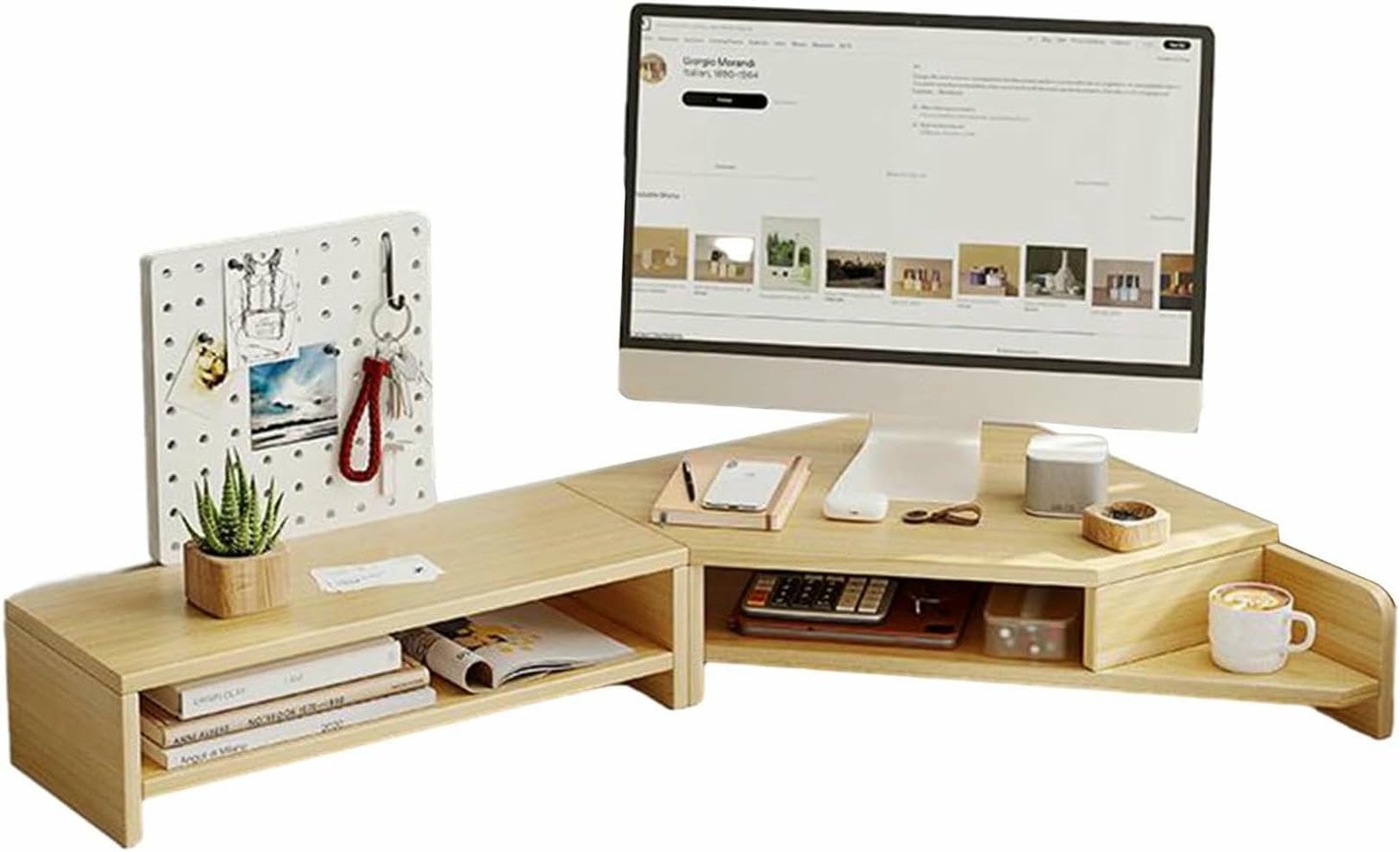 Support d'angle en bois avec fentes de rangement pour rehausseur d'ordinateur ergonomique